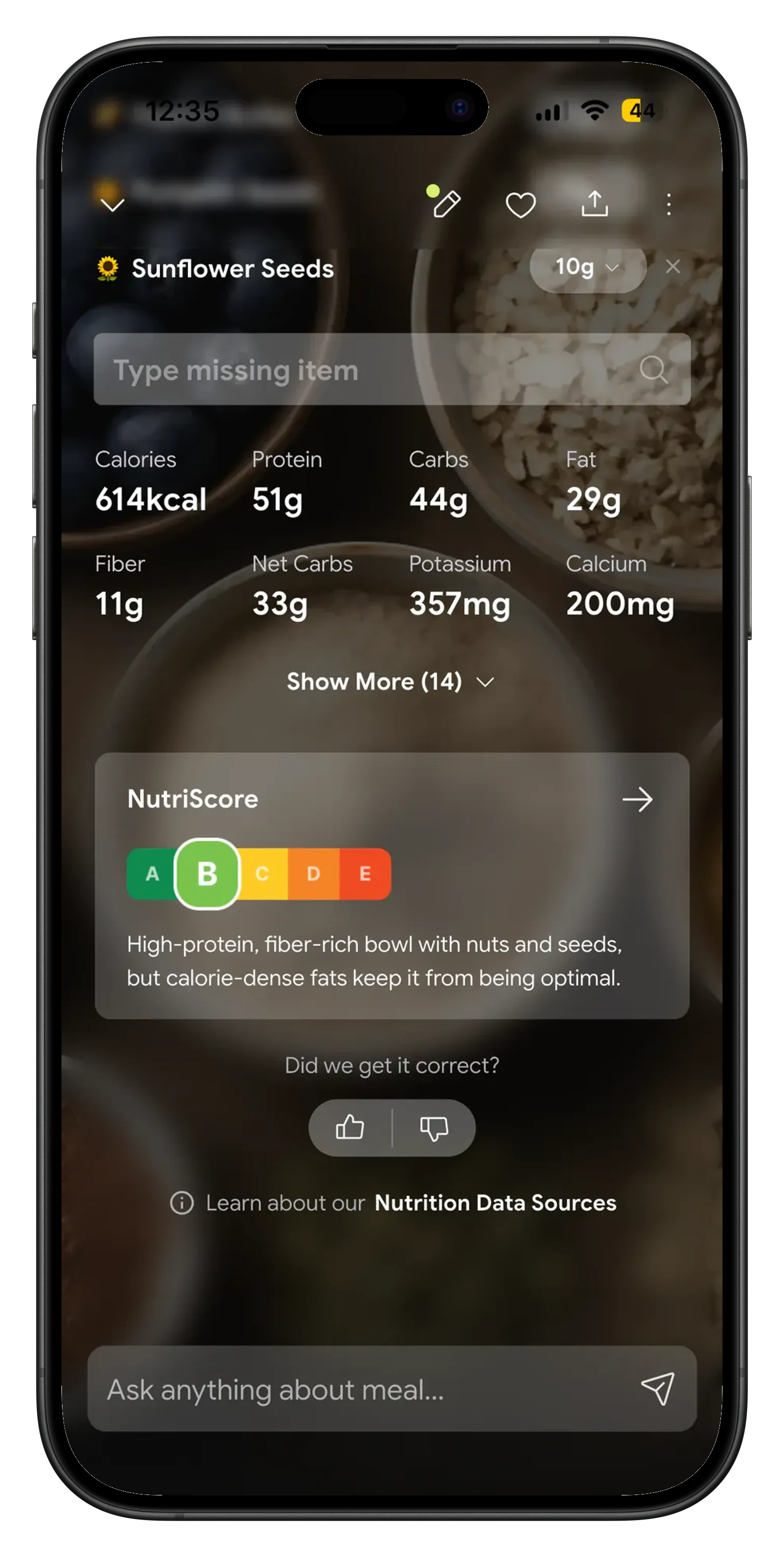 NutriScore shown on a meal logged in NutriScan