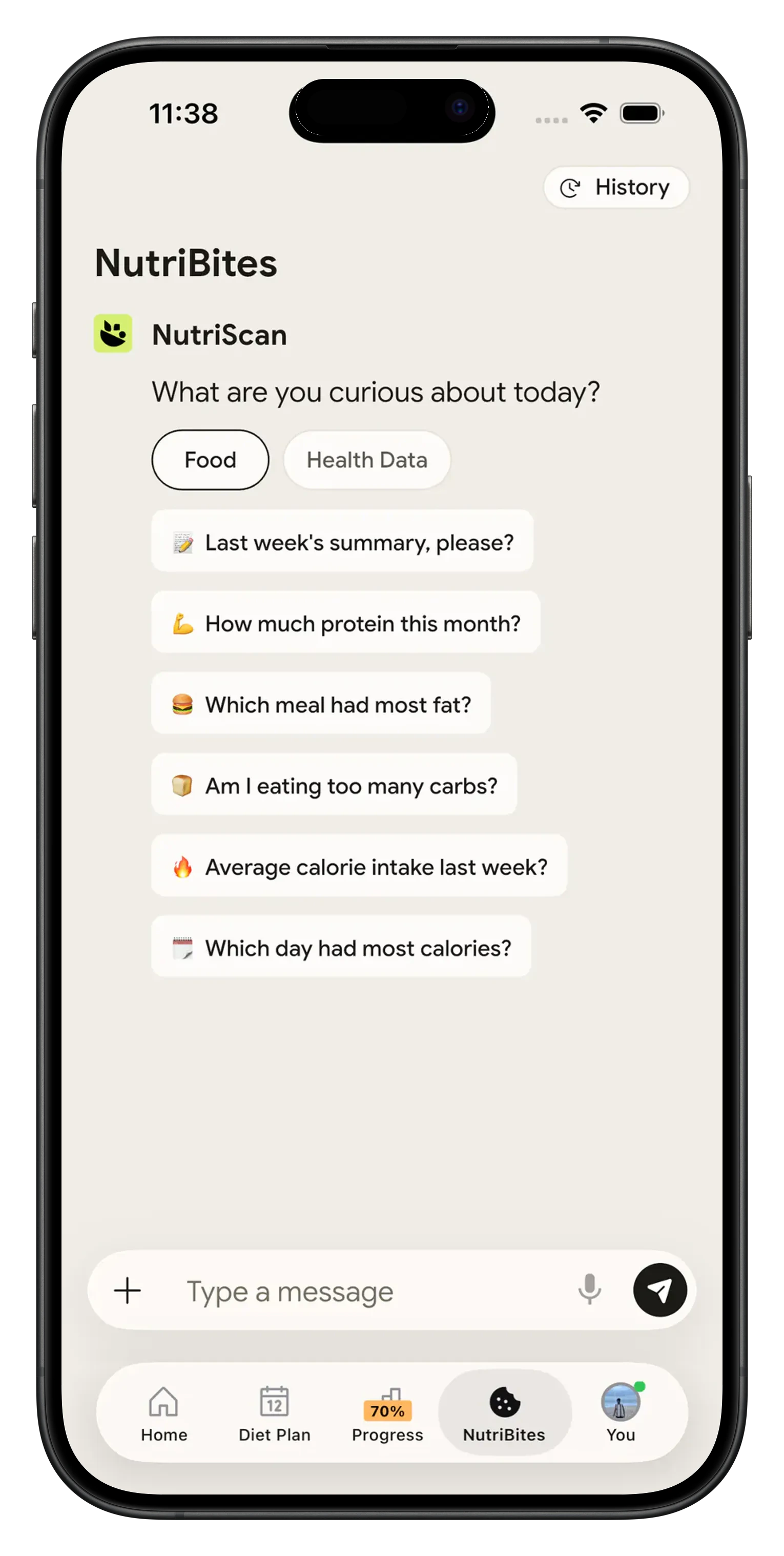 NutriBites AI assistant answering nutrition questions in NutriScan