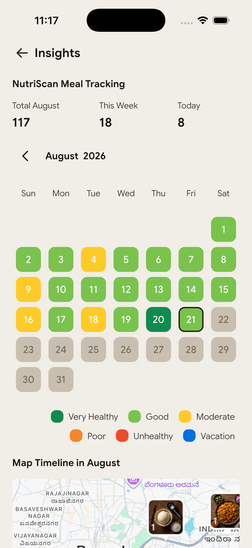 Location Map in Insights showing meal pins and nutritional quality by location