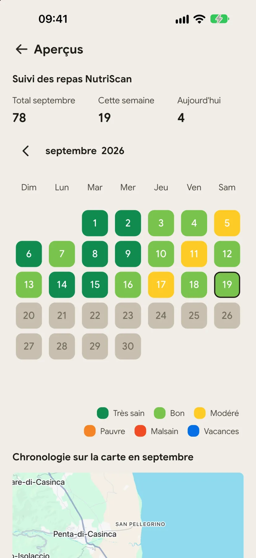 Carte de localisation dans Aperçus montrant les épingles de repas et la qualité nutritionnelle par emplacement