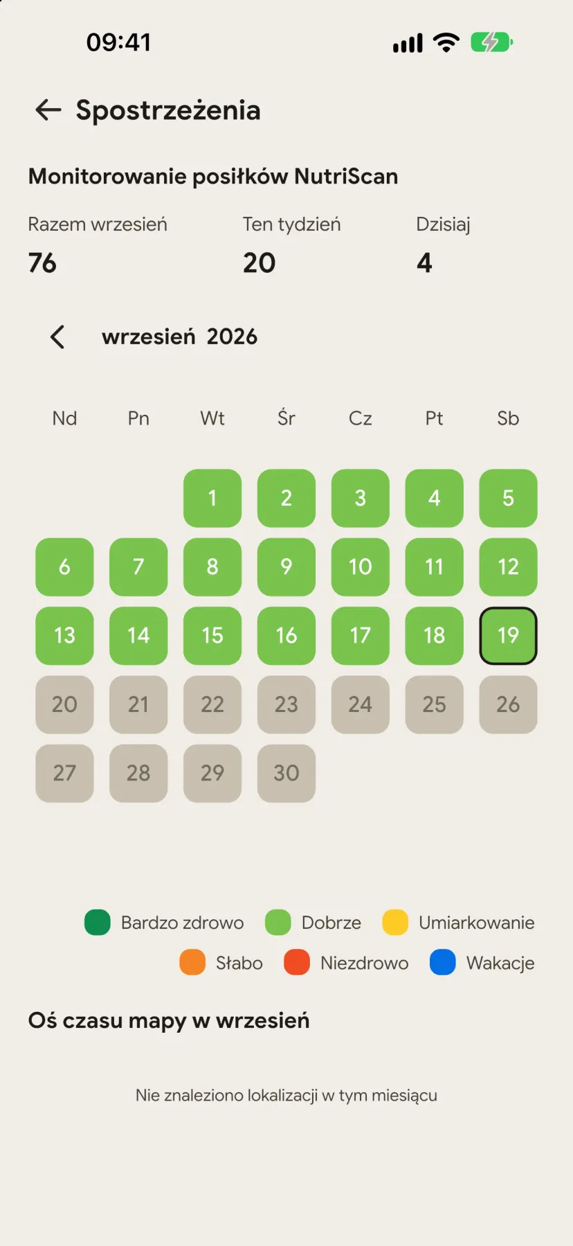 Mapa lokalizacji w Insights z pinezkami posiłków i jakością żywienia w danych miejscach