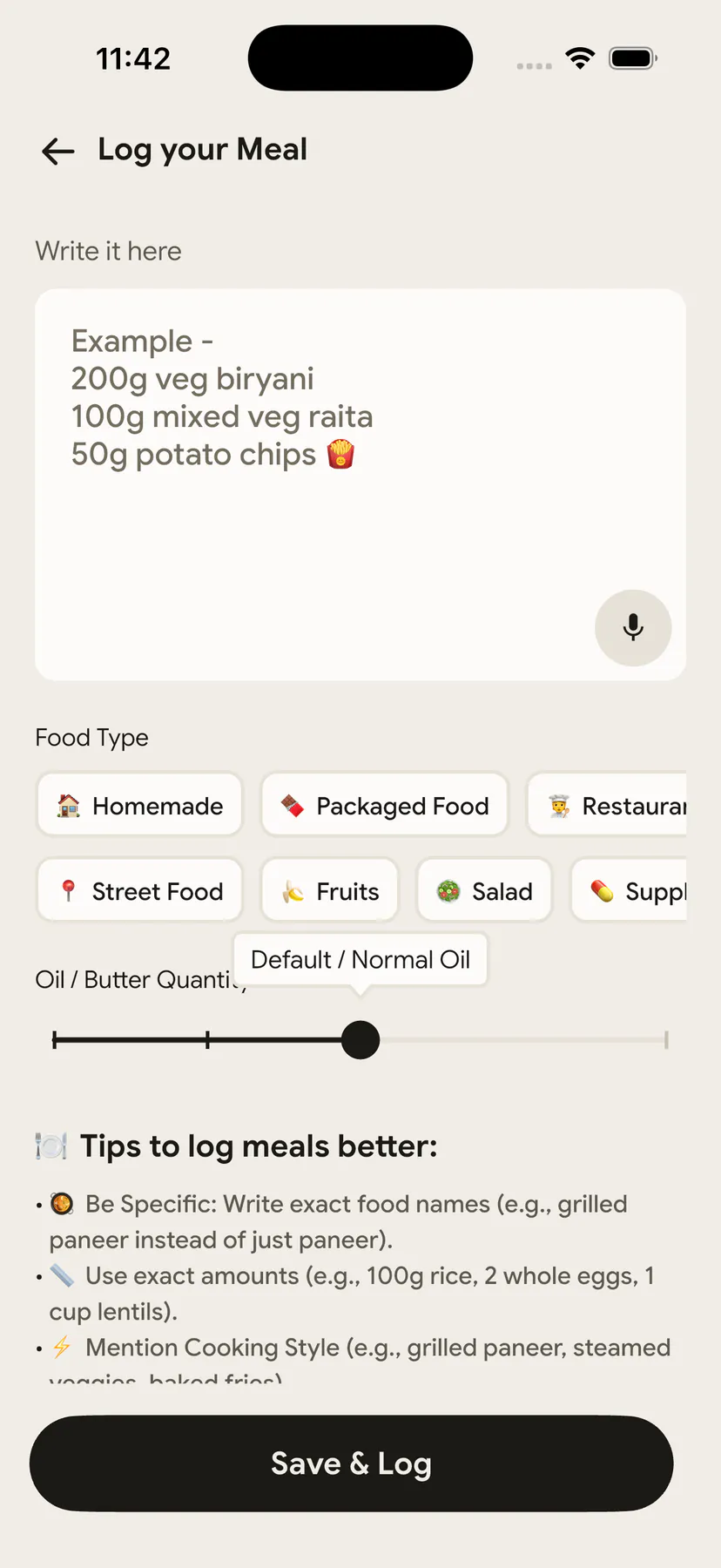 NutriScan manual logging screen for typing a meal when there is no photo