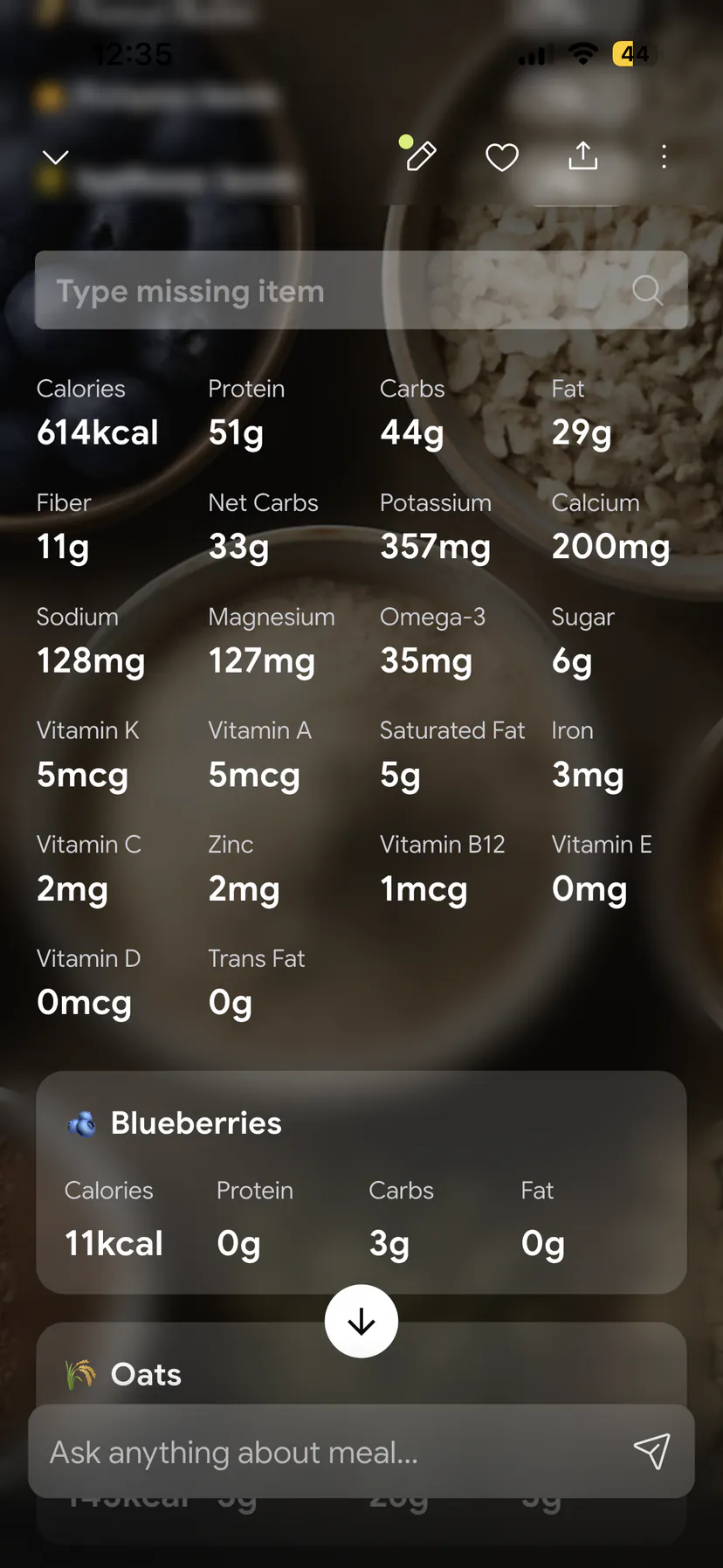 NutriScan meal detail page showing the micronutrient breakdown for a logged meal
