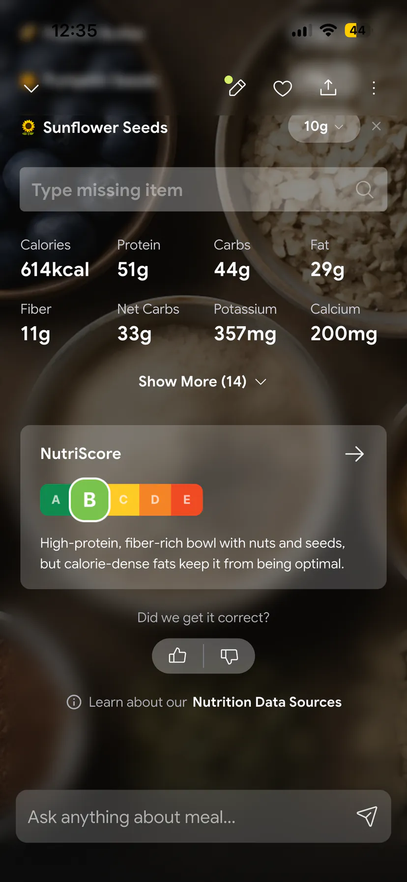 NutriScan nutrition details page showing macros and the NutriScore for a logged meal