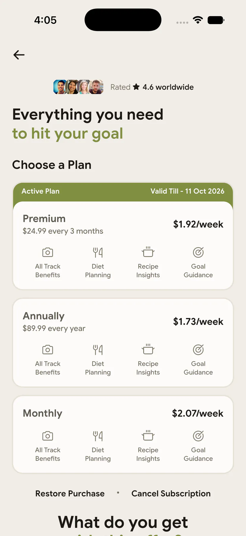 NutriScan plan selection screen showing the price and billing period before purchase