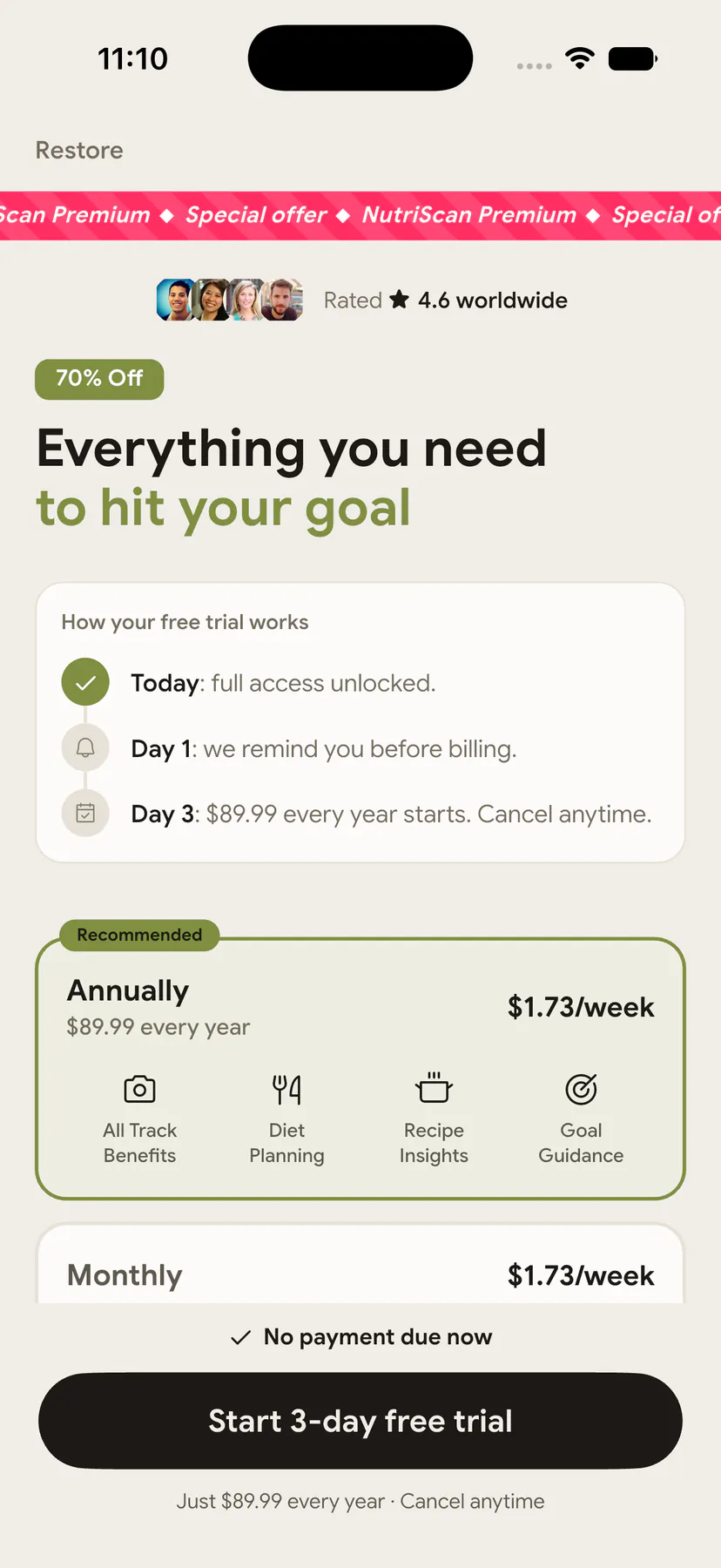 NutriScan 7-day free trial screen showing the plan period and renewal price before purchase