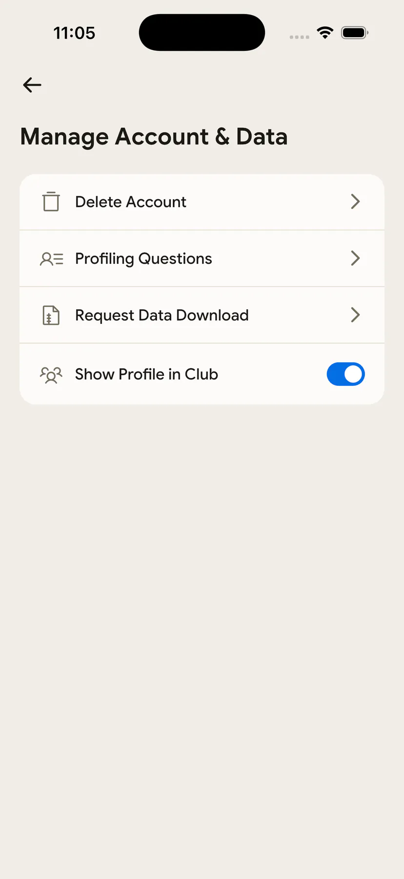 NutriScan manage account data screen with self-serve account deletion