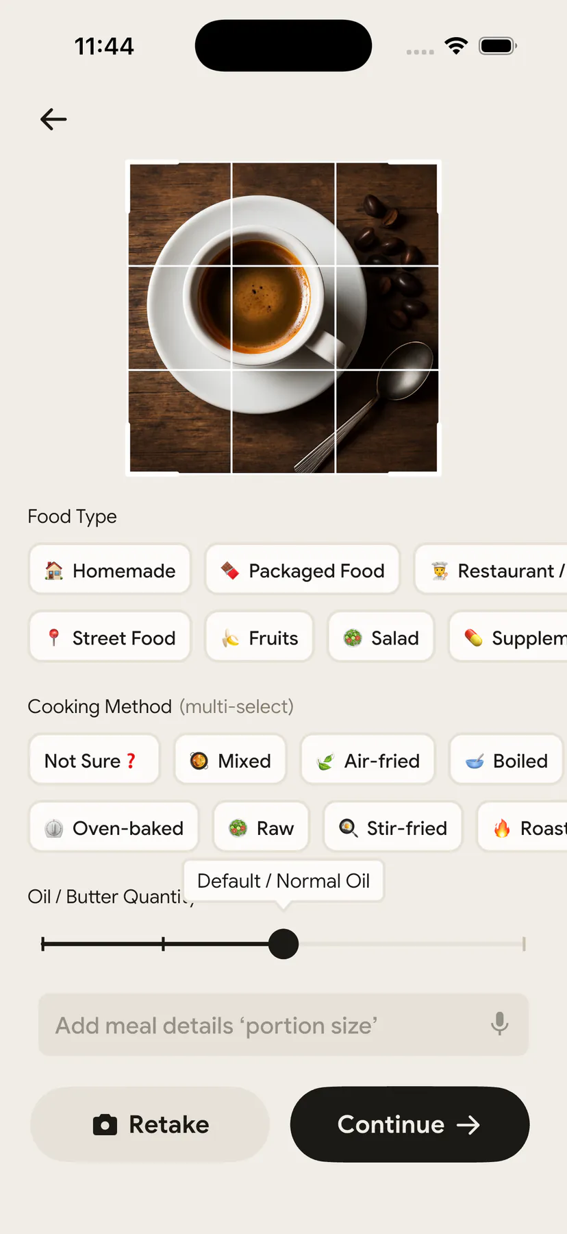 NutriScan meal scan screen with food type and cooking method tags after taking a photo