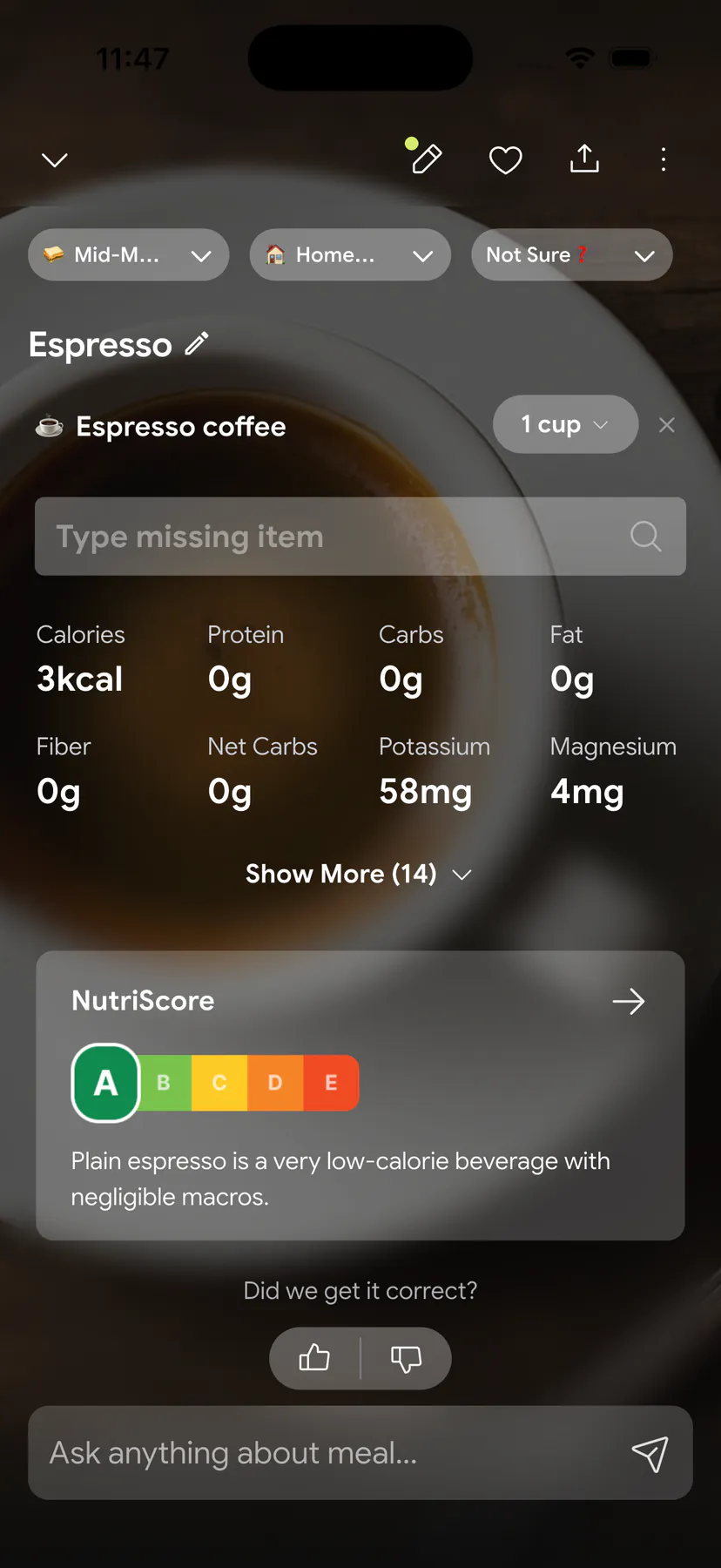 NutriScan scan result screen showing calories and macros for a photographed meal