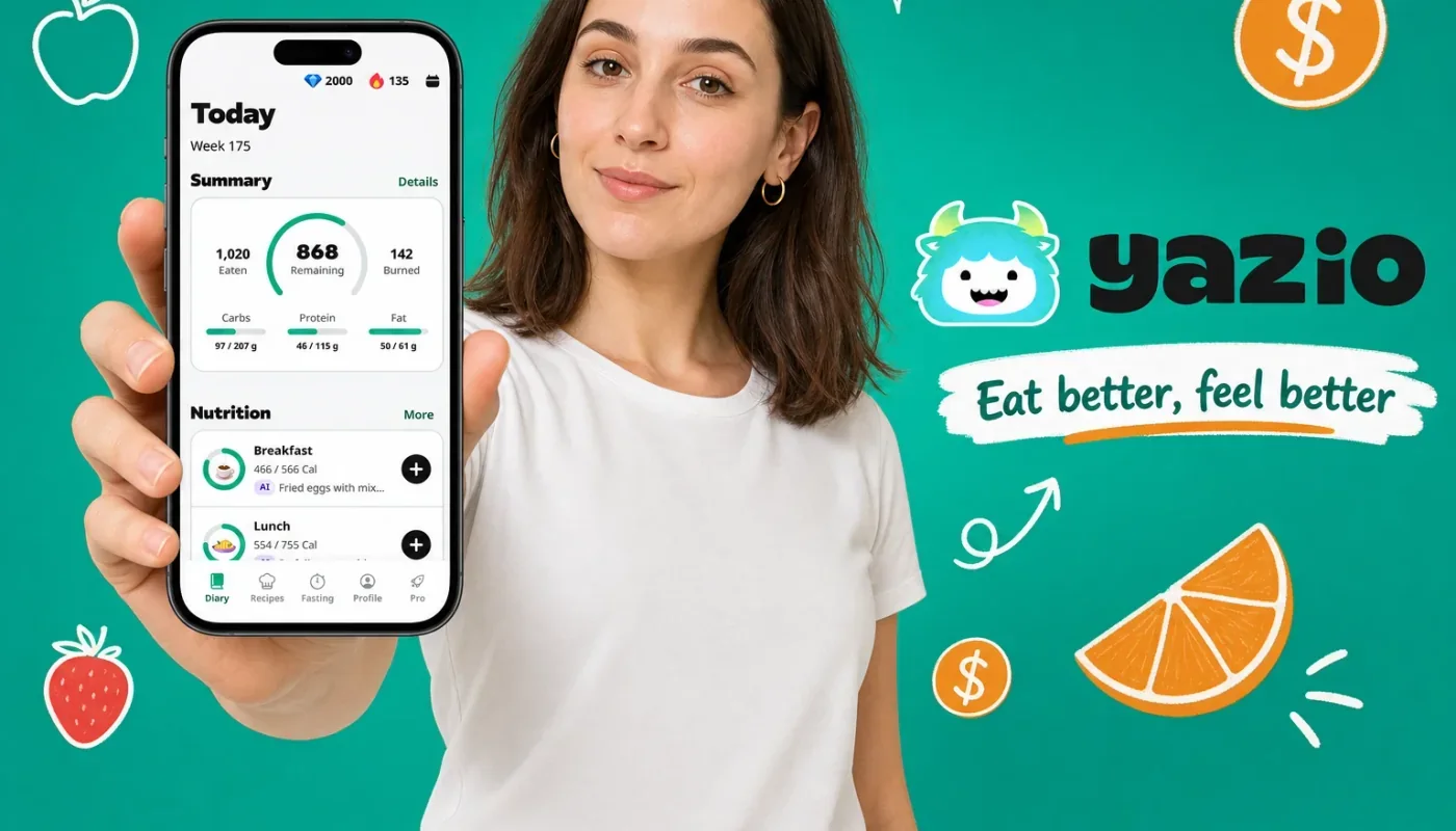 Person holding a smartphone with calorie tracking app subscription pricing, surrounded by budget and nutrition icons