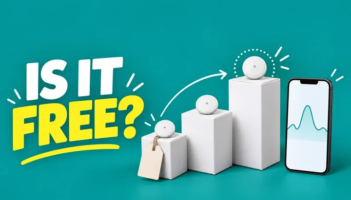 Is it free headline next to three white boxes of rising height, each topped with a round glucose sensor, a blank price tag and a phone showing a glucose curve, illustrating the Abbott Lingo 2-week, 4-week and 12-week plan prices