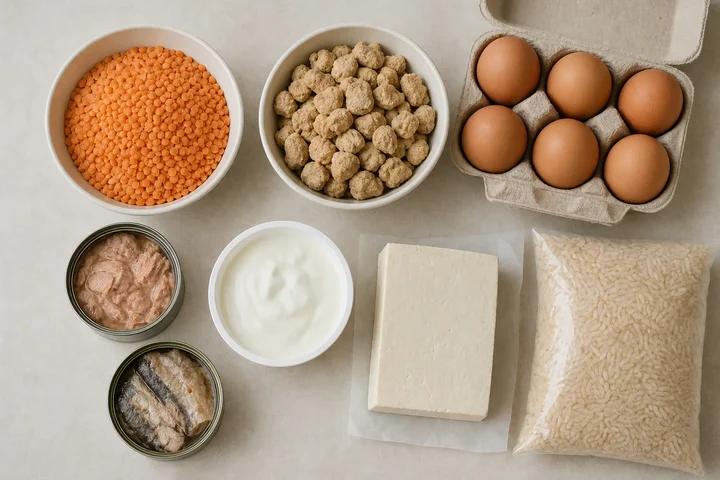 Overhead view of a budget protein shop: bowls of dried red lentils and dry soya chunks, a carton of eggs, two cans of fish, a tub of plain yogurt, a block of tofu and a bag of rice