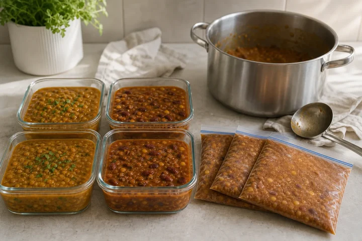 Four glass containers and three flat-frozen bags of lentil dal and bean chili beside the pot they came from