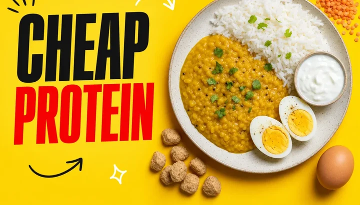 Yellow poster reading CHEAP PROTEIN beside a plate of dal, rice, plain yogurt and a halved boiled egg, with dry soya chunks and red lentils scattered around it