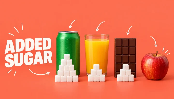 Added sugar headline beside a soda can, a glass of orange juice, a chocolate bar and a red apple, with stacks of white sugar cubes in front of the can, the juice and the chocolate and none in front of the apple