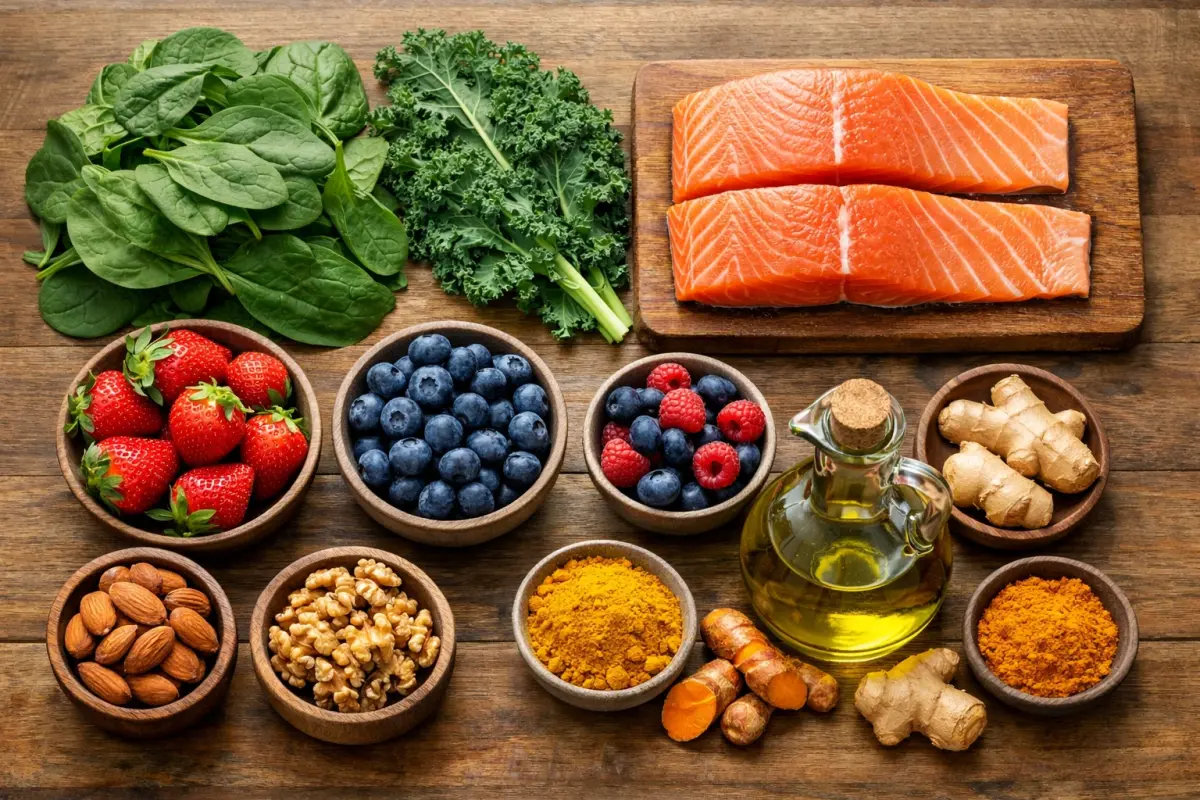 Colorful anti-inflammatory foods arranged on wooden kitchen counter including leafy greens, salmon, berries, nuts, and olive oil