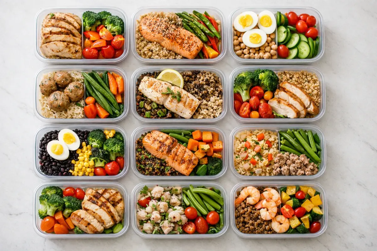 Organized weekly meal prep containers with high-protein portions and colorful vegetables