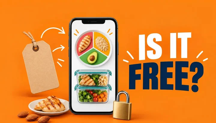 Is it free headline beside a phone showing a plate split into protein, carb and fat sections and two meal prep containers, with a blank price tag and a padlock, illustrating Macrostax pricing