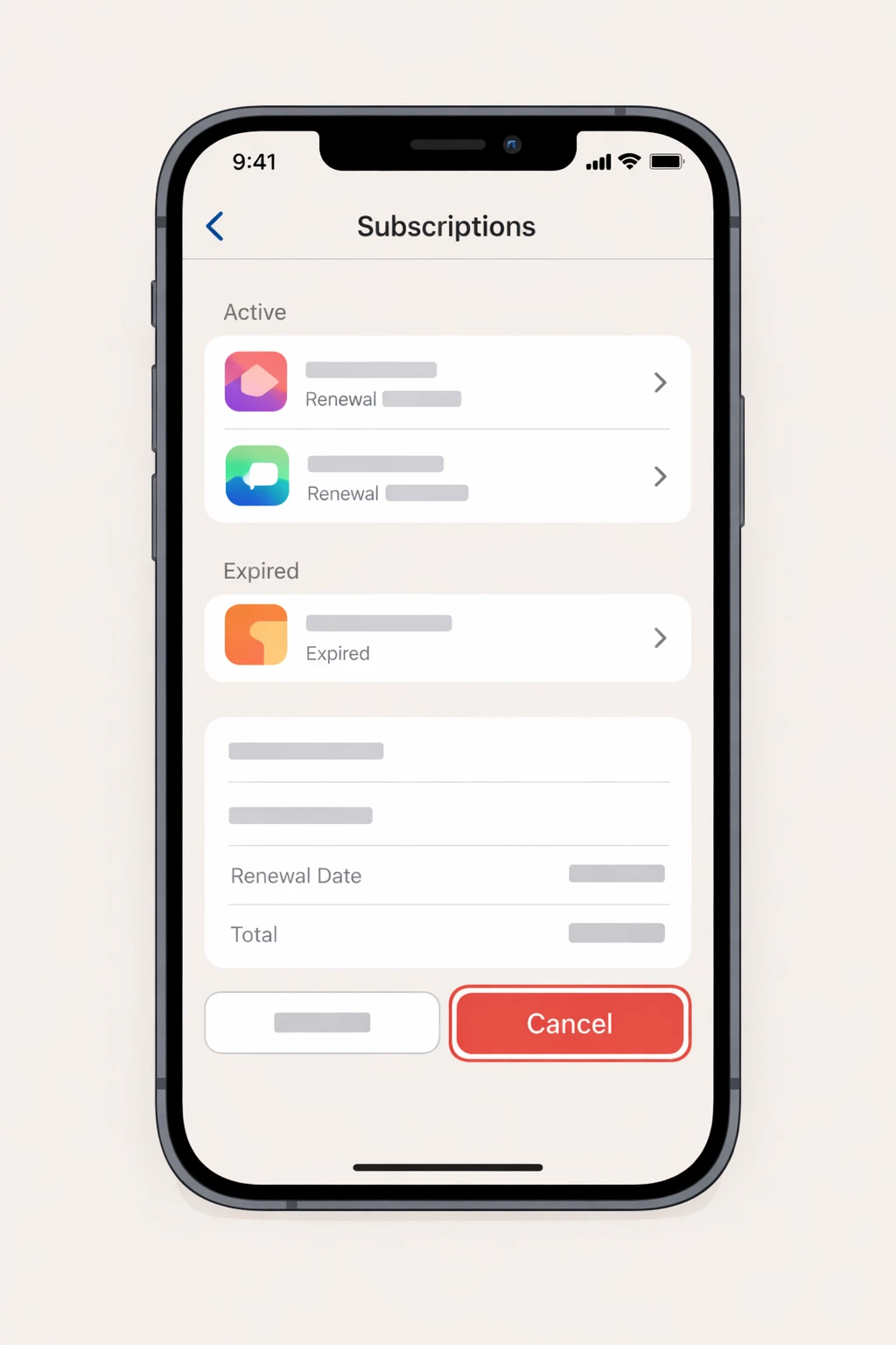 iPhone settings screen showing subscription management and cancel button