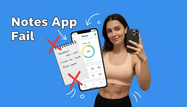 Person frustrated while tracking meals in notes app, showing the gap between simple food logging and accurate nutrition tracking
