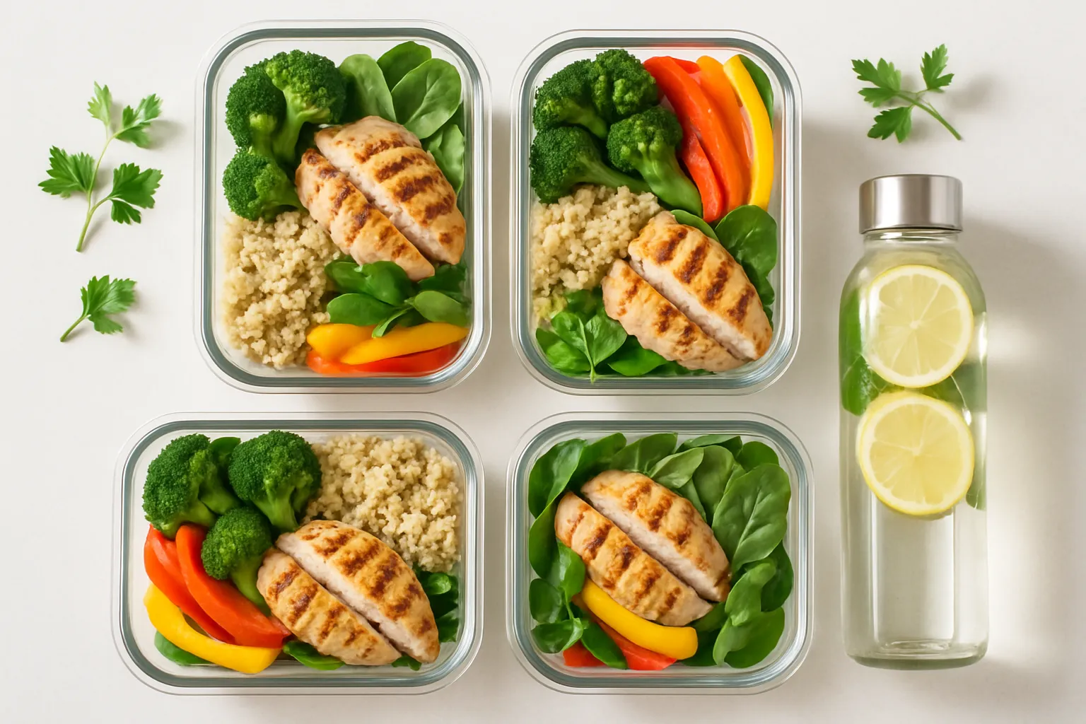 PCOS-friendly meal prep containers with balanced portions of protein, complex carbs, and vegetables