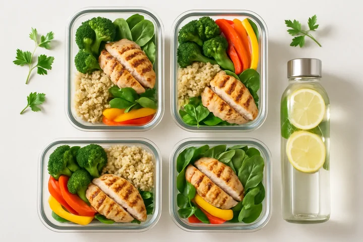 PCOS-friendly meal prep containers with balanced portions of protein, complex carbs, and vegetables