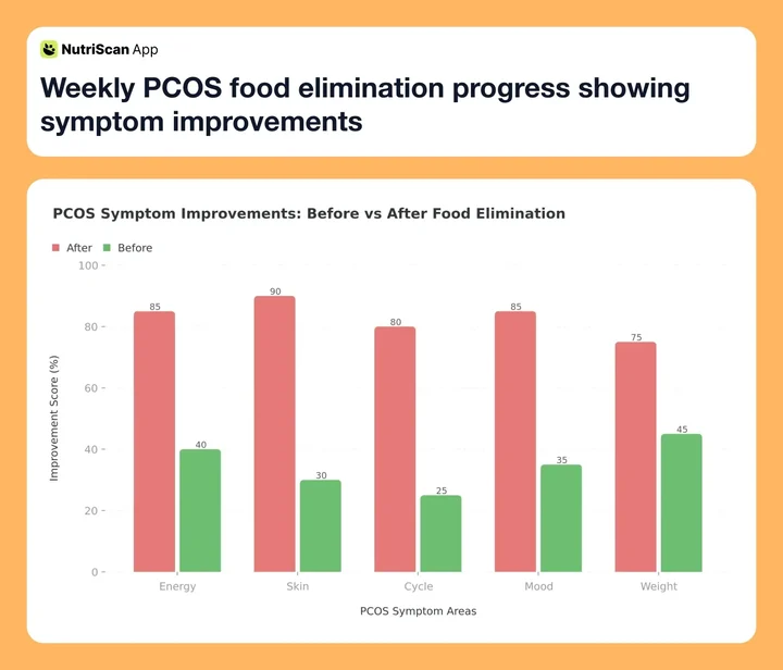 Weekly PCOS food elimination progress showing symptom improvements