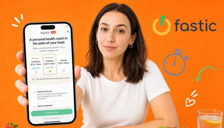 Hand holding a phone with a 16:8 fasting timer and lesson card beside a healthy chicken and vegetable bowl, illustrating the best Fastic alternatives for 2026
