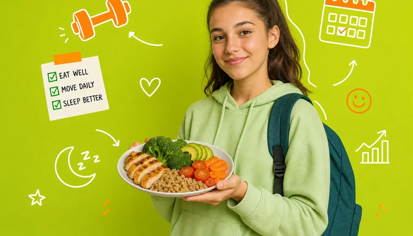 Teen preparing a balanced healthy meal in a bright modern kitchen, representing healthy recomposition for 15-18 year olds