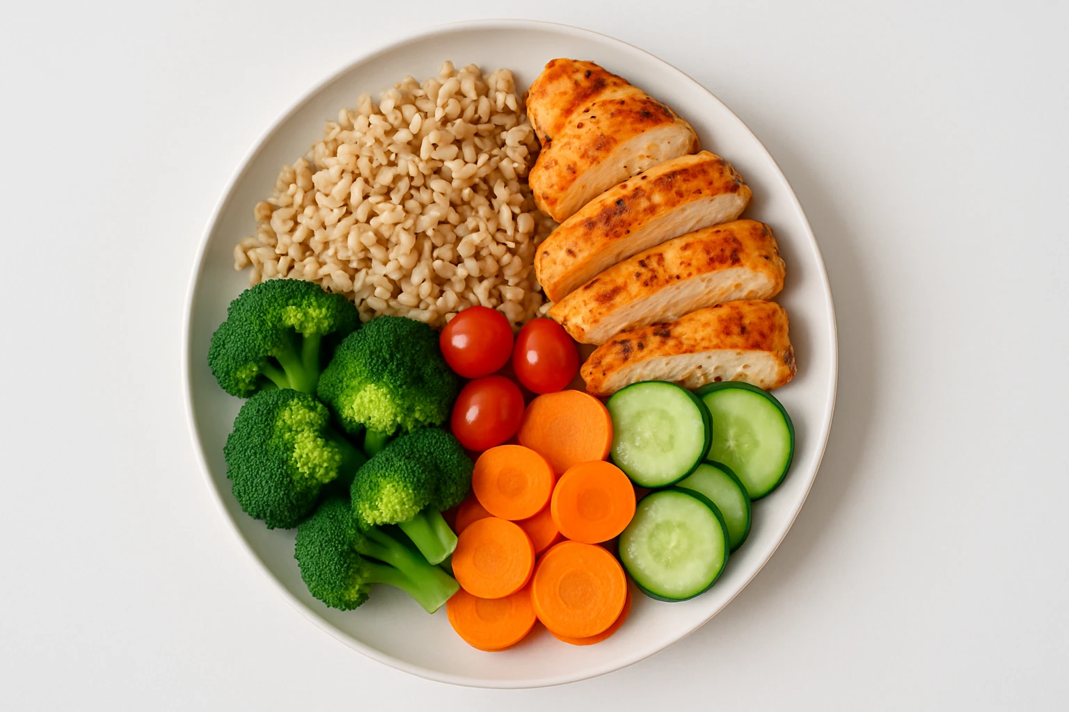 Balanced teen meal plate with half vegetables, quarter protein, and quarter brown rice - top view flatlay