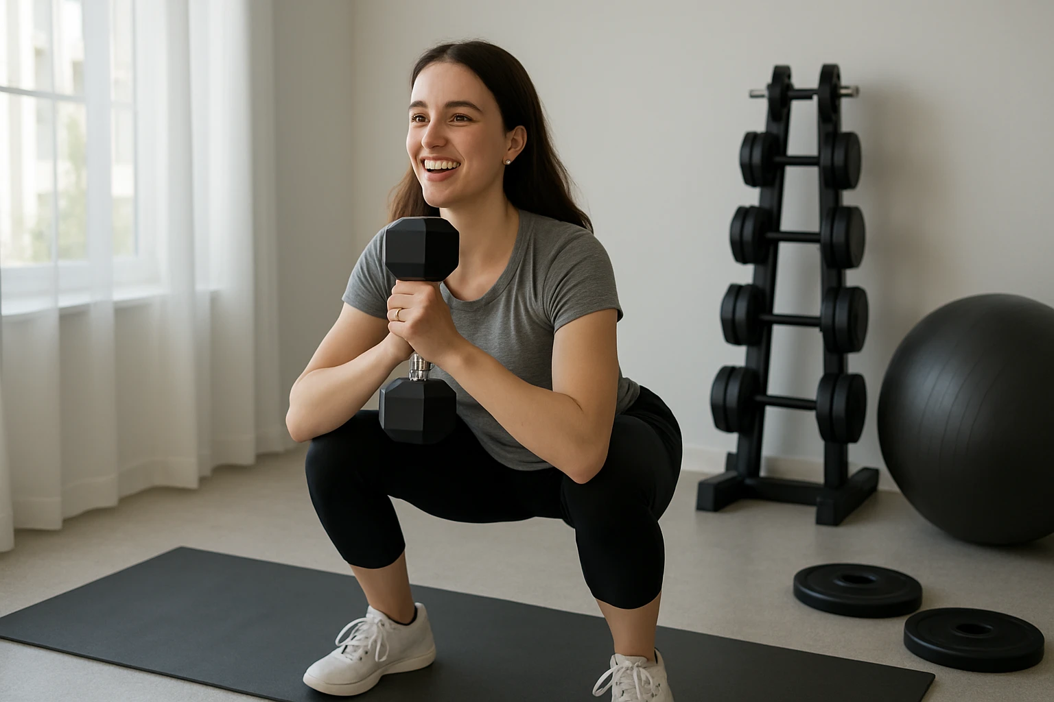 Teen doing strength training exercise with proper form in a bright home gym - motivating fitness scene for adolescents