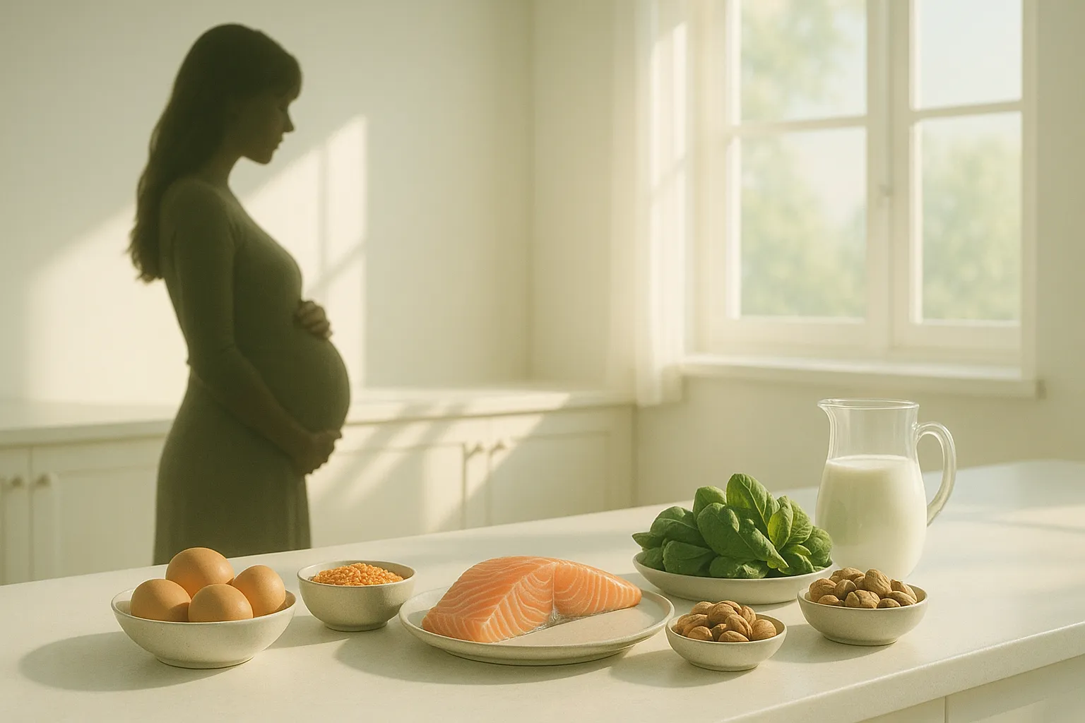 Pregnant woman with protein-rich foods representing complete trimester nutrition guide for healthy pregnancy