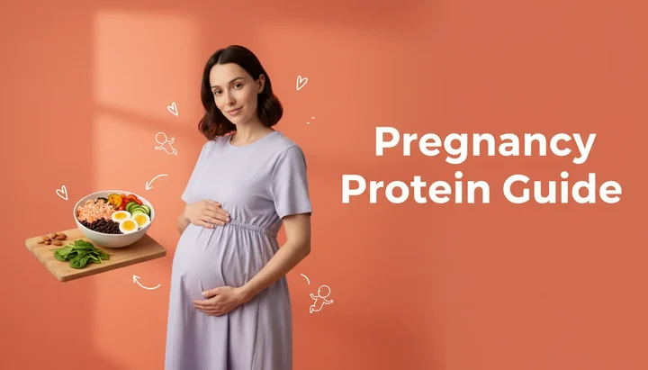 Pregnant woman with protein-rich foods representing complete trimester nutrition guide for healthy pregnancy