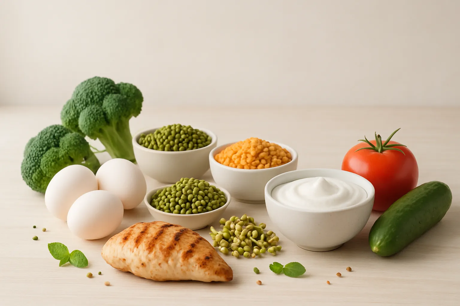 A variety of healthy Indian proteins including grilled chicken, eggs, lentils, and Greek yogurt arranged on a light wooden surface