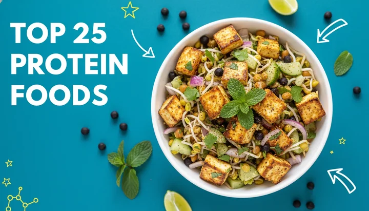 A variety of healthy Indian proteins including grilled chicken, eggs, lentils, and Greek yogurt arranged on a light wooden surface