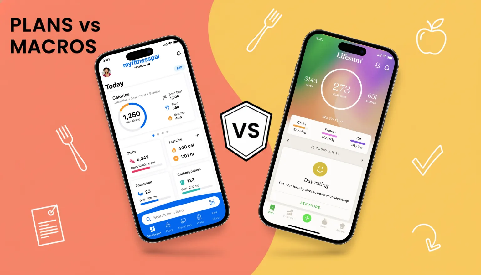 MyFitnessPal vs Lifesum 2026 comparison: meal plans, recipes, daily food tracking, fasting timer, and pricing side by side
