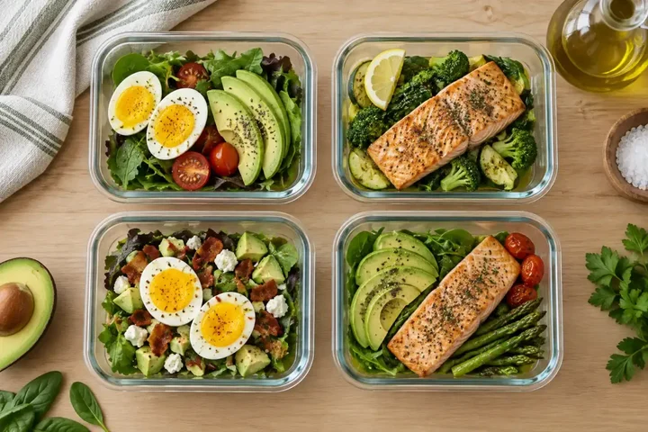 Four glass meal prep containers with single-serving keto meals of eggs, avocado, salmon and greens
