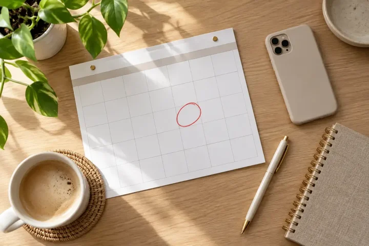 Paper wall calendar with one date circled in red pen next to a smartphone and a notebook