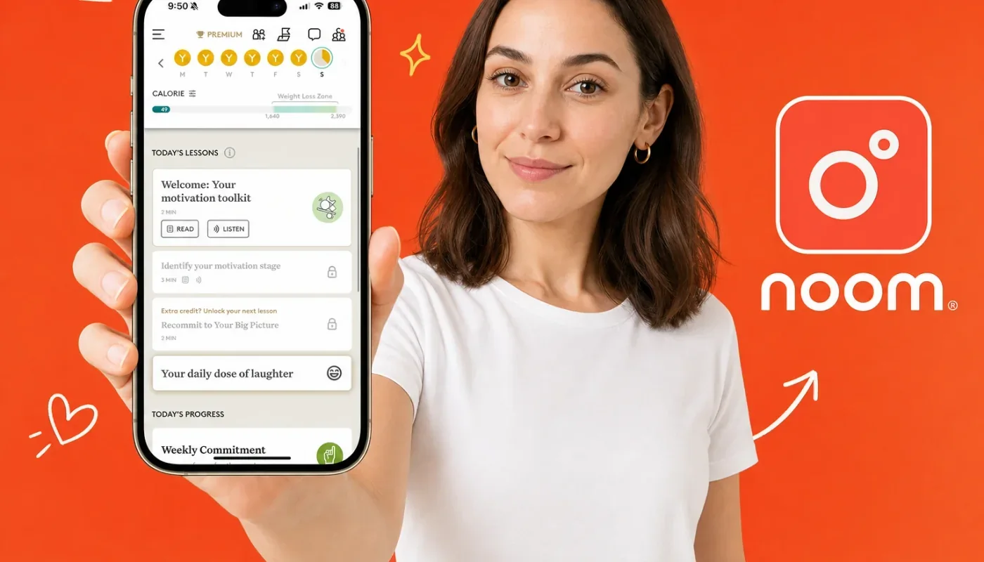 Two smartphones side by side comparing Noom's psychology lesson screen and HealthifyMe's Indian thali food tracking screen