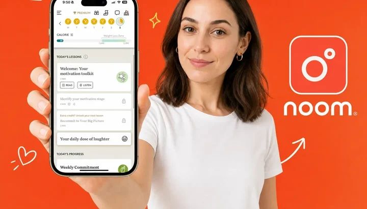 Two smartphones side by side comparing Noom's psychology lesson screen and HealthifyMe's Indian thali food tracking screen