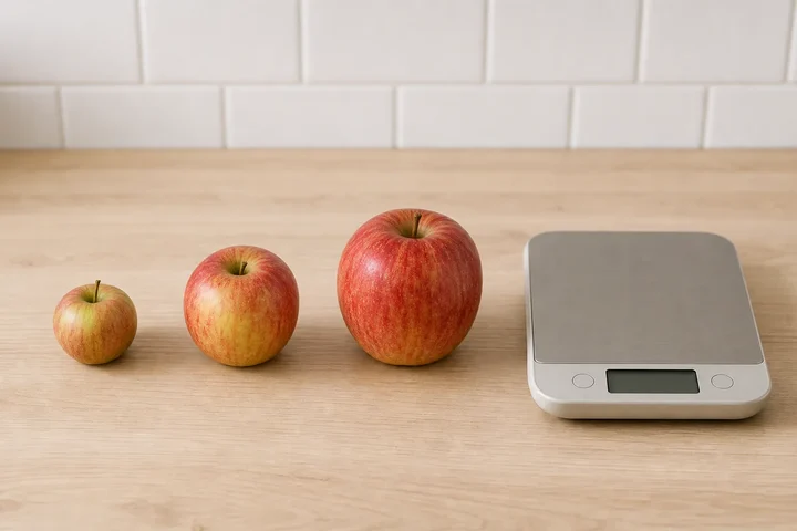 Small, medium and large red apples lined up beside a digital kitchen scale on a light wooden counter
