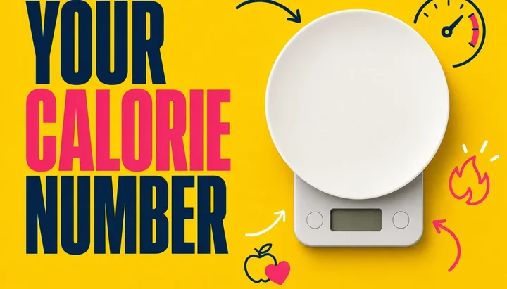 Bold yellow thumbnail reading Your Calorie Number beside an empty white plate resting on a digital kitchen scale