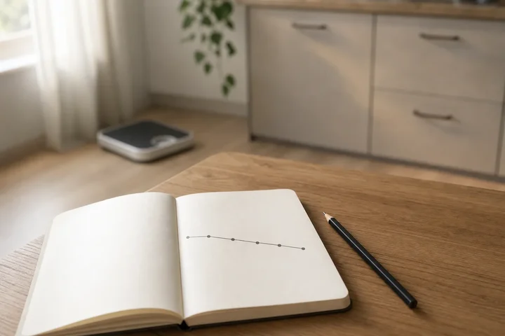 Open notebook on a kitchen table showing a gently falling line of weekly weigh-in dots, a bathroom scale behind it