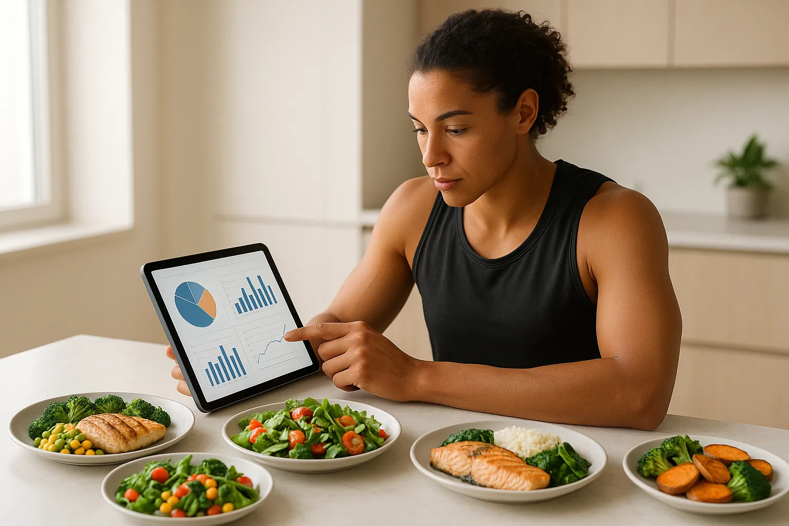 Professional athlete analyzing nutrition data on tablet with fresh healthy meals, representing personalized data-driven nutrition approach