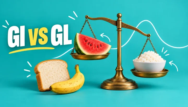 GI vs GL headline beside a brass balance scale holding a watermelon slice on one pan and a bowl of white rice on the other, with white bread and a banana in front