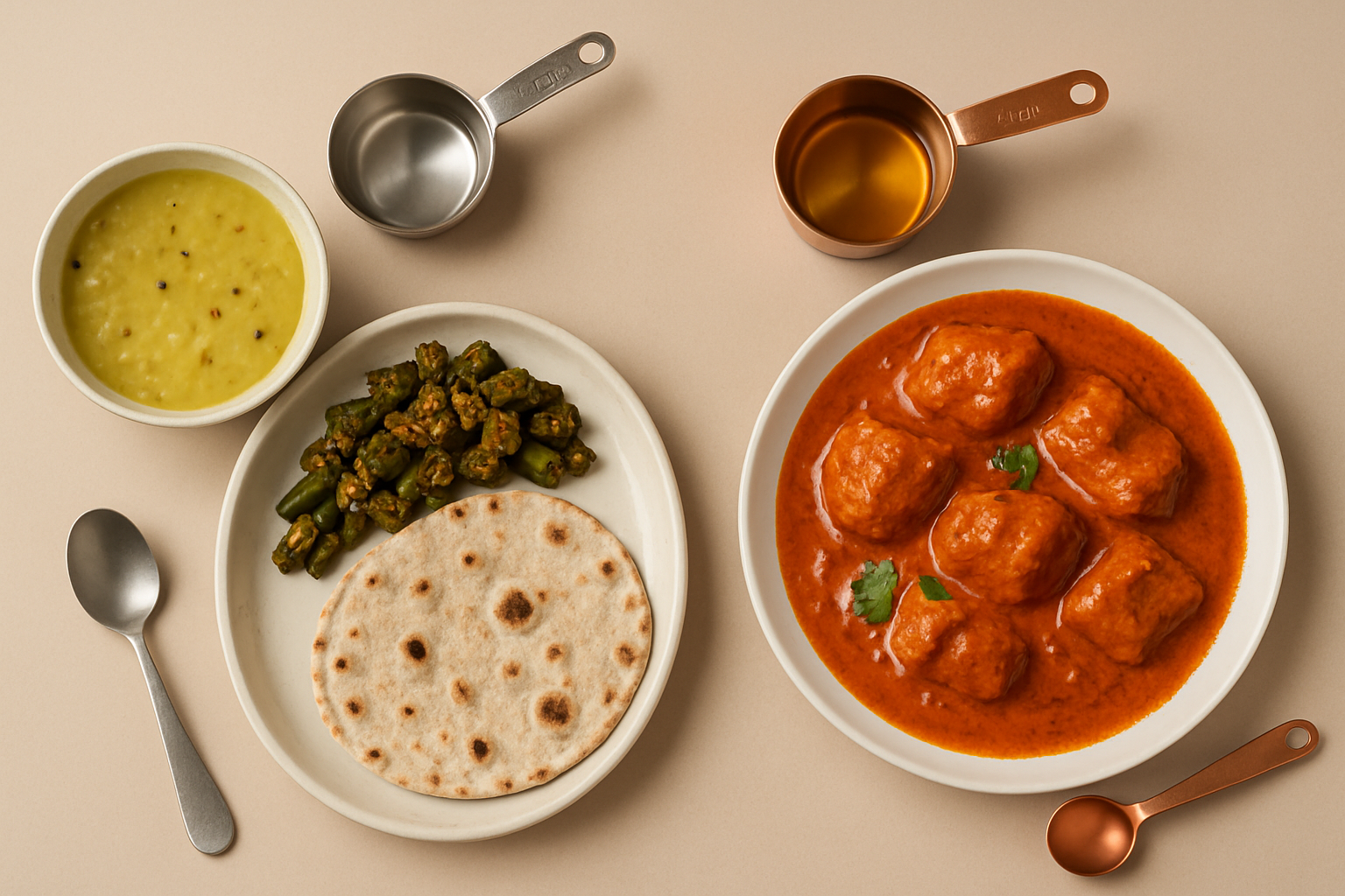 Comparison scene showing home-cooked Indian meal versus restaurant-style rich curry with measuring tools