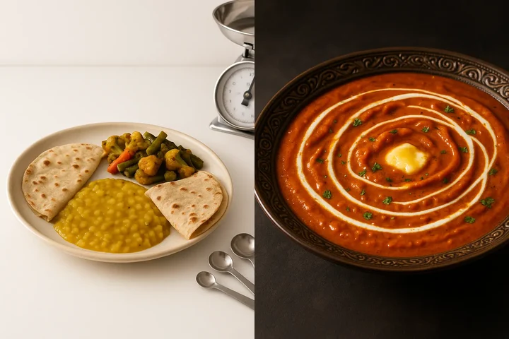 Comparison scene showing home-cooked Indian meal versus restaurant-style rich curry with measuring tools