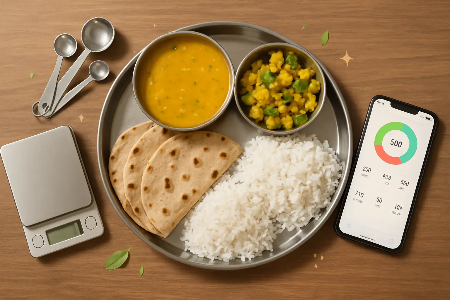 Traditional Indian thali with dal, sabzi, roti, and rice on a wooden table with digital kitchen scale, measuring spoons, and smartphone showing nutrition app