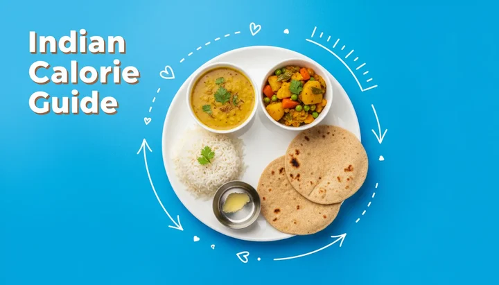 Traditional Indian thali with dal, sabzi, roti, and rice on a wooden table with digital kitchen scale, measuring spoons, and smartphone showing nutrition app