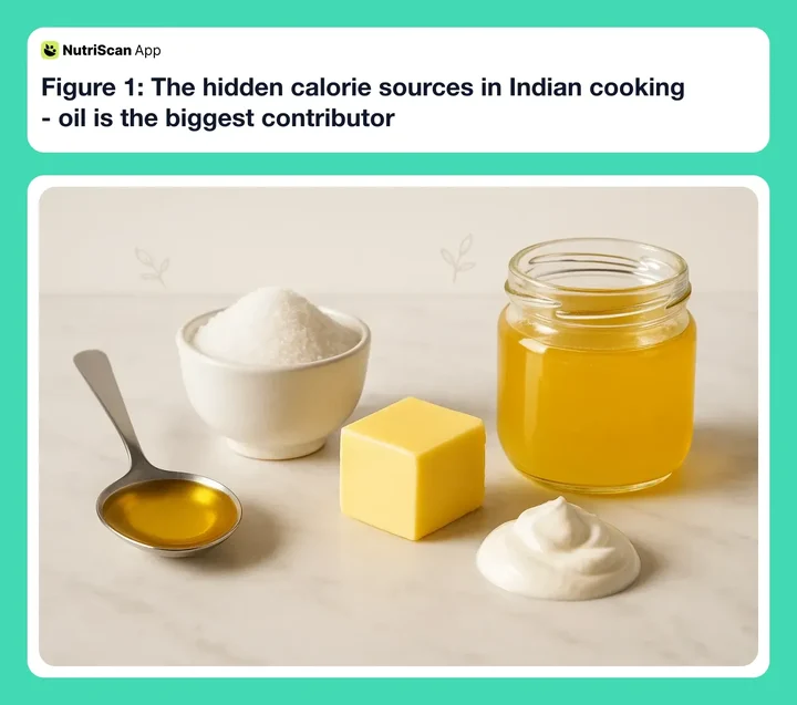 Hidden calorie sources in Indian cooking showing oil, sugar, ghee, butter, and cream
